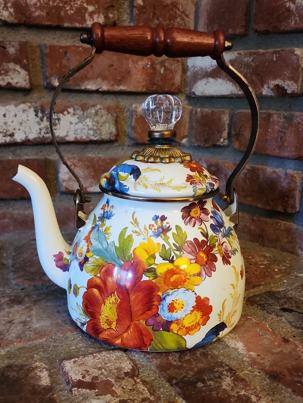 MacKenzie-Childs White Flower Market 3 Qt Enamel Tea Kettle